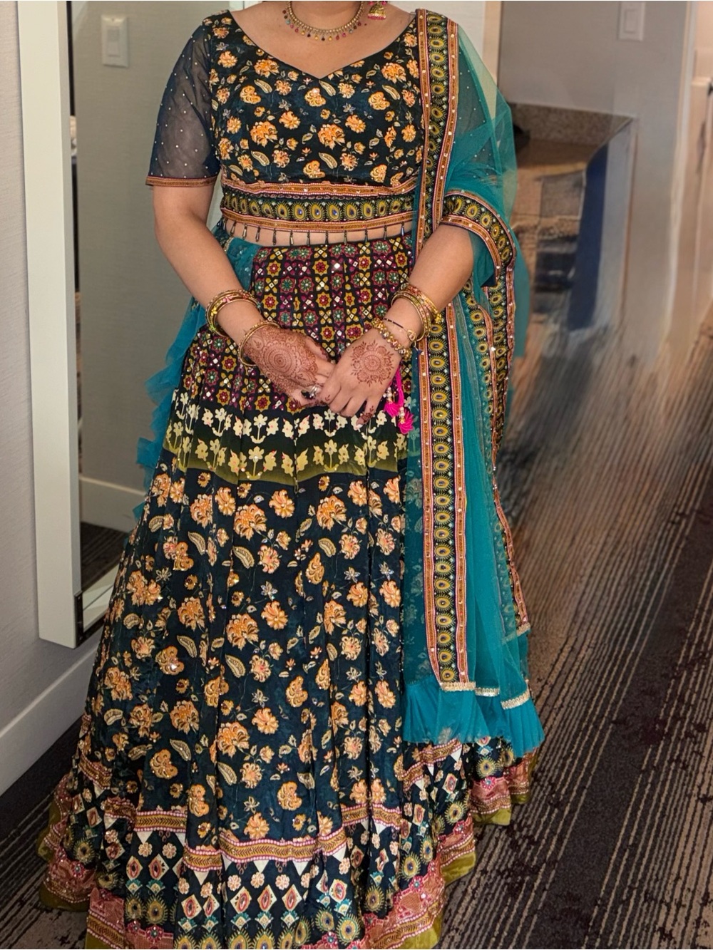 Ethnic Indian Wear Floral Navy Blue and Turquoise Lehenga Choli